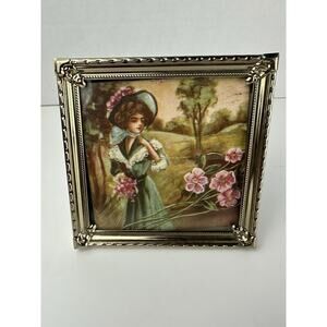 Antique Vintage Miniature Art Painting Of A Girl In Ornate Bronze Frame